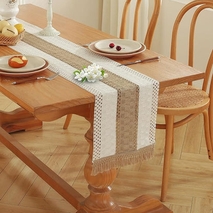 Boho Table Runner for Brown White Tassel Home Decor 90 Inches Long, Modern - Image 2
