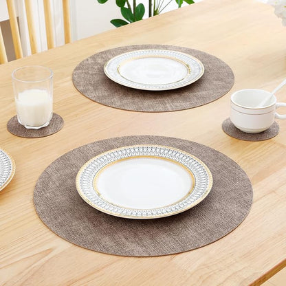 Homaxy Round Faux Leather Placemats and Coasters, Light Brown | Washable - Image 7