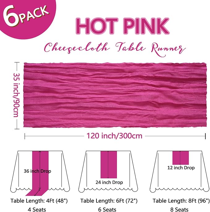 6 Pack Hot Pink Table Runner Cheesecloth 10Ft Gauze Cheese Cloth Table Runner - Image 2