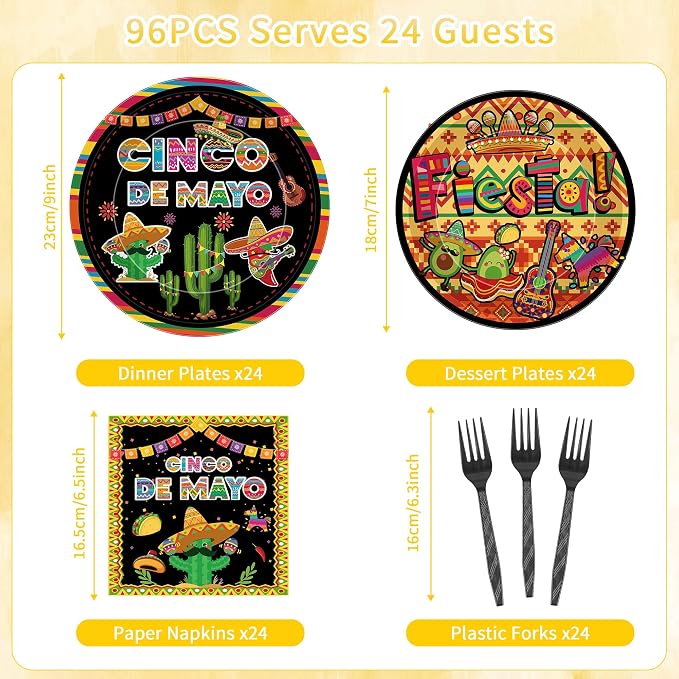 96 Pcs Cinco De Mayo Decorations, Fiesta Party Plates Napkins Forks - Image 2