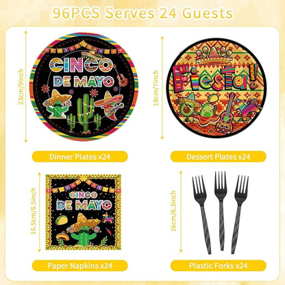 96 Pcs Cinco De Mayo Decorations, Fiesta Party Plates Napkins Forks - Image 2