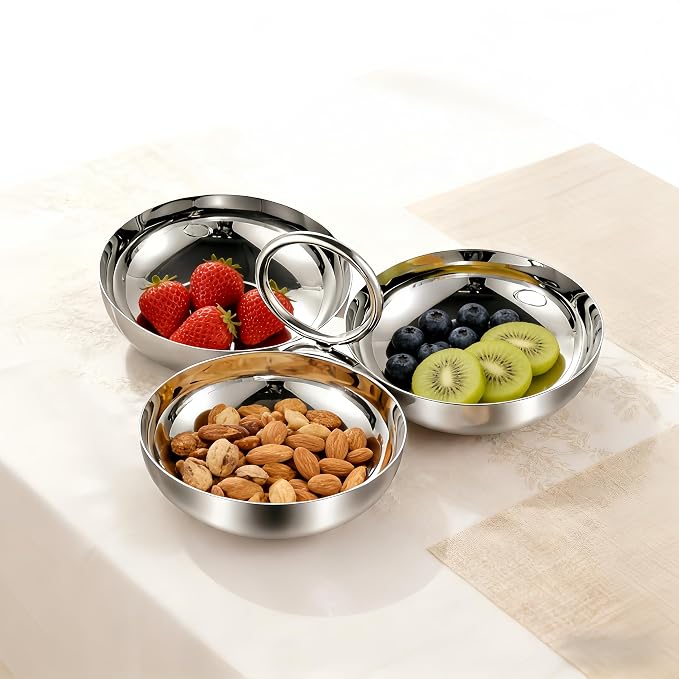 Cluster Serving Bowls 3 in 1 Silver Stainless Steel Snack Bowls Connected Fruit by Unknown