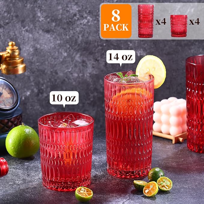 Loivttvv Glassware Drinking Glasses Set of 8, 14 oz Highball Glasses & 10 oz - Image 2