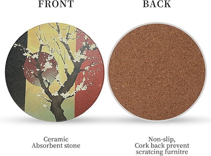 Coasters Absorbent Ceramic Coaster Drink Coasters with Cork Back Japanese Style Ukiyo-e Pattern Set of 6 Round Coaster Non Slip for Coffee Table Wine Glass Home Bar 4 Inch, Colorful