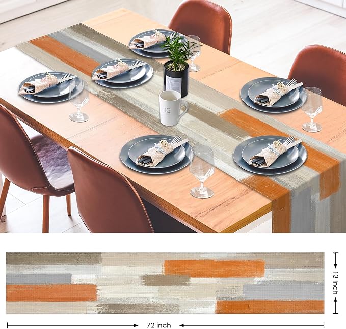 Emvency Table Runner, 13x72 Inch, Abstract Modern Art | Orange Farmhouse Dining - Image 2