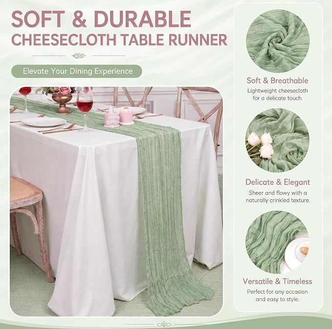 2 Pack Sage Green Cheesecloth Table Runner 17x108 Inch Boho Rustic Semi Sheer - Image 5