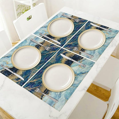 Marble Linen Placemats Set of 2, Modern Abstract Foil Texture White Blue Gold Marble Washable Cloth Place Mats, Non-Slip Dining Table Placemats for Home Kitchen Party Banquets Decor 12x17 Inch