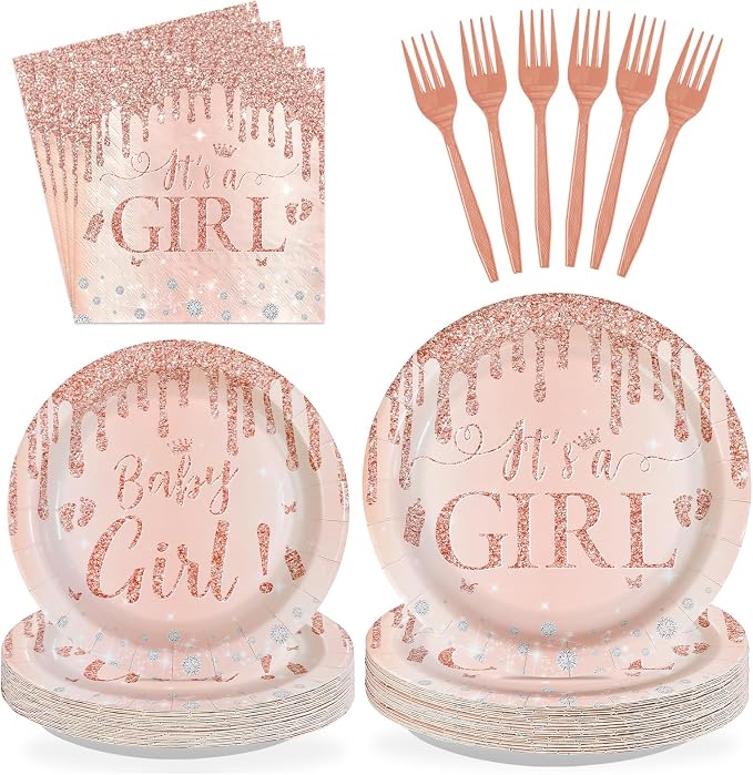 96 Pcs It's a Girl Baby Shower Party Decorations, Serves 24 | Diamond Rose Gold by Greencian