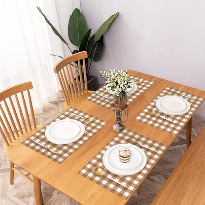 AOFOTO Brown Plaid Placemats Set of 4 for Dining Table Brown and White Checkered Place Mats Washable Rectangular Stripes Table Mats for Party Home Kitchen Restaurant Decor 12x18 Inch