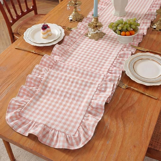 HunnmingRe 1 Pc Gingham Table Runner Light Pink, 118 X 13.8 Inch | Cotton - Image 4
