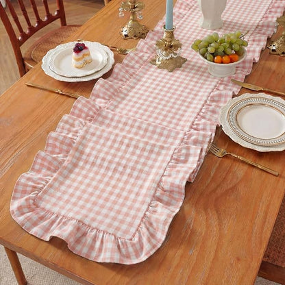 HunnmingRe 1 Pc Gingham Table Runner Light Pink, 118 X 13.8 Inch | Cotton - Image 4
