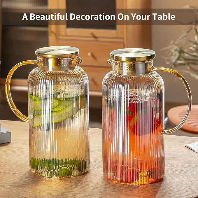 Glass Pitcher with Lid, 2 PACK 84 oz/ 2.5 Liter Amber Classic Vertical Stripes Water Pitcher,Glass Water Carafe for Cold Brew, Coffee, Lemonade, Iced Sun Tea,Beverage, Milk, Heat Resistant