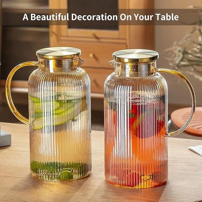 Glass Pitcher with Lid, 2 PACK 84 oz/ 2.5 Liter Amber Classic Vertical Stripes Water Pitcher,Glass Water Carafe for Cold Brew, Coffee, Lemonade, Iced Sun Tea,Beverage, Milk, Heat Resistant
