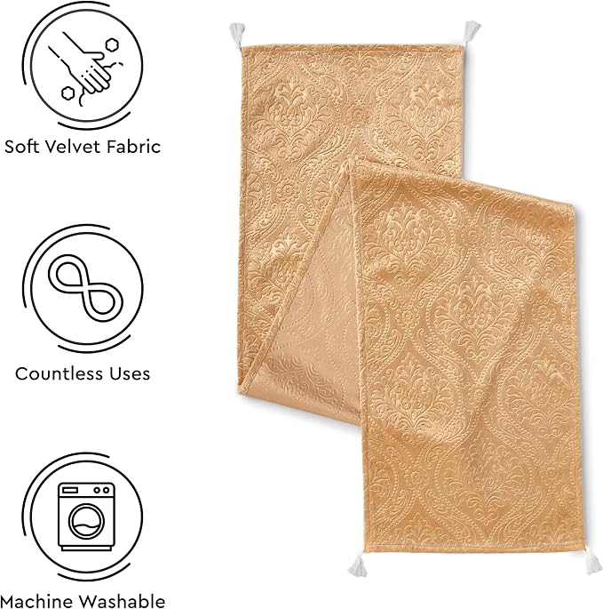 Encasa XO Table Runner, Embossed Velvet, Elegant 13"x94" | Gold, 175 GSM - Image 4