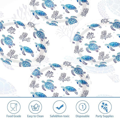 50 Pcs Sea Turtle Oval Paper Plates 10" x 12" Large Heavy Duty Disposable Blue Ocean Coastal Turtle Coral Dessert Plates Platters for Summer Beach Under the Sea Turtles Birthday Party Decorations ﻿