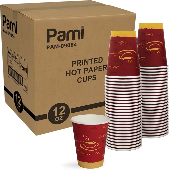 PAMI Disposable Paper Coffee Cups 12 oz, Single-Use, Leak Resistant, 1000 Ct by PAMI