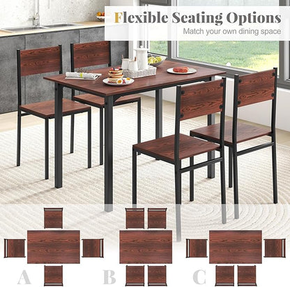 COSTWAY Dining Table Set for 4, Rectangular Kitchen Table and Chairs Set with Backrest, Metal Frame, Space-Saving Dinette Set, Breakfast Nook Table Set for Small Space, Apartment, Dorm (Walnut)