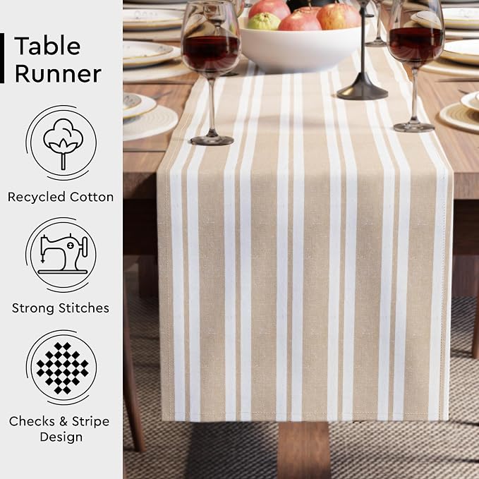 Encasa XO Table Runner, Woven Cotton Dining Runner 13"x91" Franca Beige Stripes - Image 3