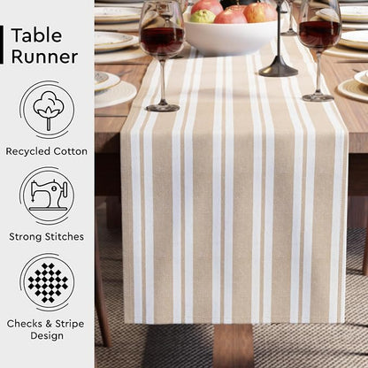 Encasa XO Table Runner, Woven Cotton Dining Runner 13"x91" Franca Beige Stripes - Image 3