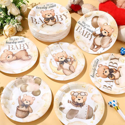 60 Pcs Bear Baby Shower Decorations 7 Inch Brown Bear Paper Plates We Can Wait Party Supplies Gender Reveal Plates for Brown Baby Shower Birthday Party