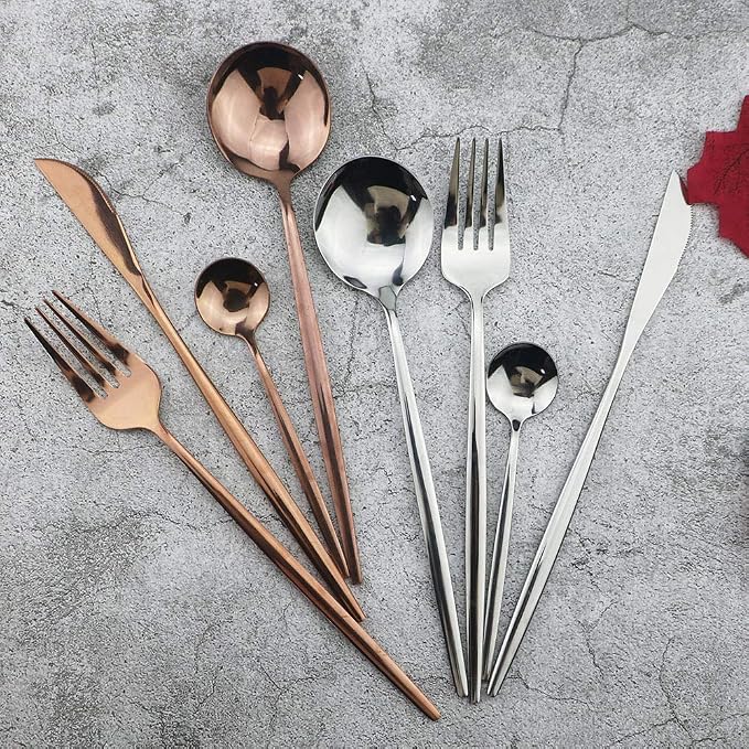 JASHII 24 Pieces 304 Stainless Steel Rose Cutlery Set Home Kitchen Silverware - Image 2