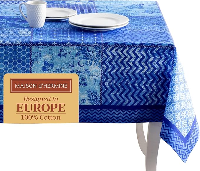 Maison d' Hermine Table Cloth Square Table 100% Cotton 54 x 54 Inches Tablecloth Reusable Decorative for Dining Room Farmhouse Home Valentines Day Decorations Spring Summer - Indigo Love