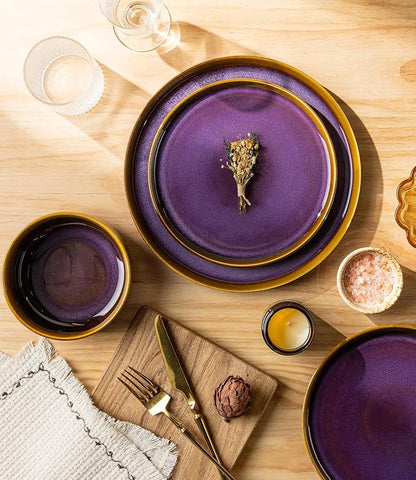 TheTerra Ceramic Dinnerware Sets for 4, 12 Pieces Handmade Reactive Glaze Plates and Bowls Set, Scratch Resistant Dish Set, Oven & Microwave & Dishwasher Safe, Amber Amethyst