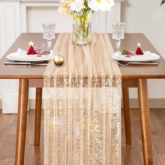 SiinvdaBZX 4 Pcs Beige Gold Sheer Tulle Table Runner 120 Inch/10 Ft Long | - Image 3