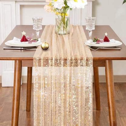 SiinvdaBZX 4 Pcs Beige Gold Sheer Tulle Table Runner 120 Inch/10 Ft Long | - Image 3