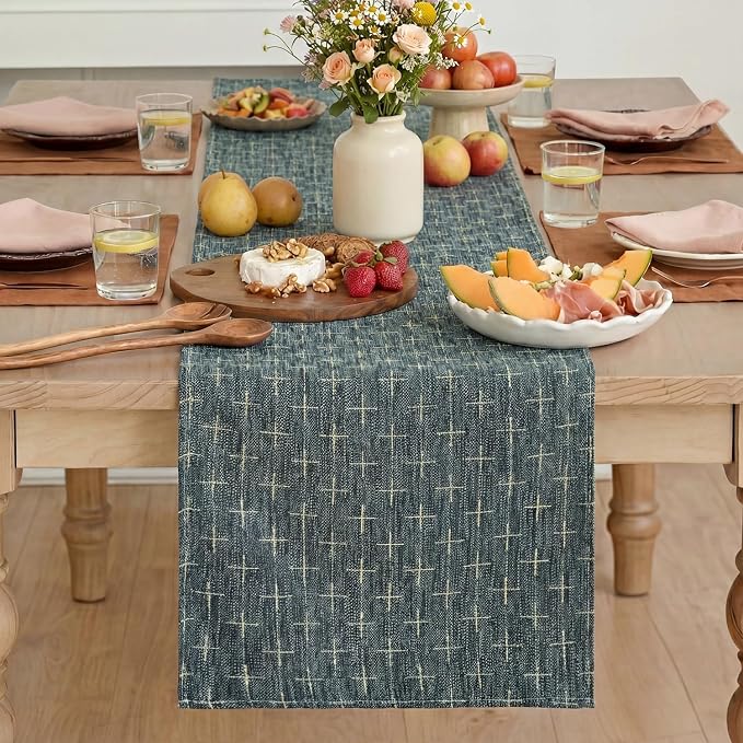Artoid Mode Navy Blue Cross-Star Textured Table Runner, Seasonal Waterproof - Image 2