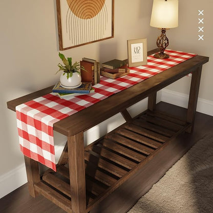 Encasa XO Table Runner, Woven Cotton Dining Runner 13"x48" | Buffalo Red Checks - Image 2