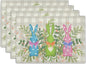 Easter Placemats Set of 4，Bunny Rabbits Green Leaves Table Kitchen Mat 12x18 Inch Floral Spring Decor Holiday Table Mats for Seasonal Party Kitchen Dining Decoration