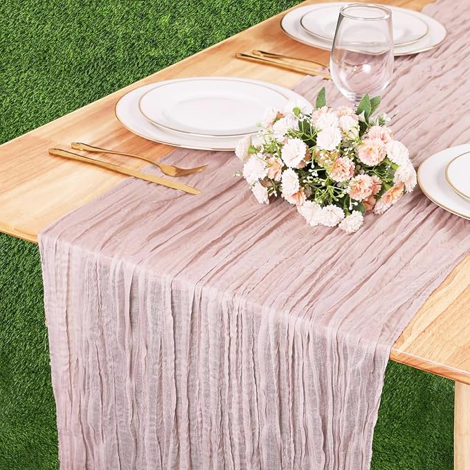 Crinkle Cheesecloth Table Runner 35x157 Inch Long Dusty Pink Boho Table Runner by TuTive