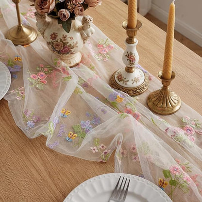 Ivory White Floral Table Runner 10ft Embroidery Tulle Spring Wildflower Gauze - Image 4