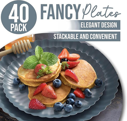 Trendables Floral Paper Plates 8.5 Inch & 10.5 Inch 40 Pcs Dinner Plate Set Fancy Disposable Plates for Party for 20 Guests 20 X 8 & 20 X 10 Large & Small Paper Plate Set for Parties Slate Blue