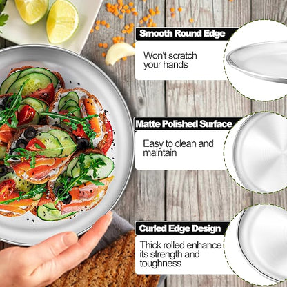 E-far 6-Piece Stainless Steel Plates, 9 Inch Metal Dinner Plates Dishes for Home, Picnic, Outdoor Camping, Healthy & Non-Toxic, Shatterproof & Dishwasher Safe