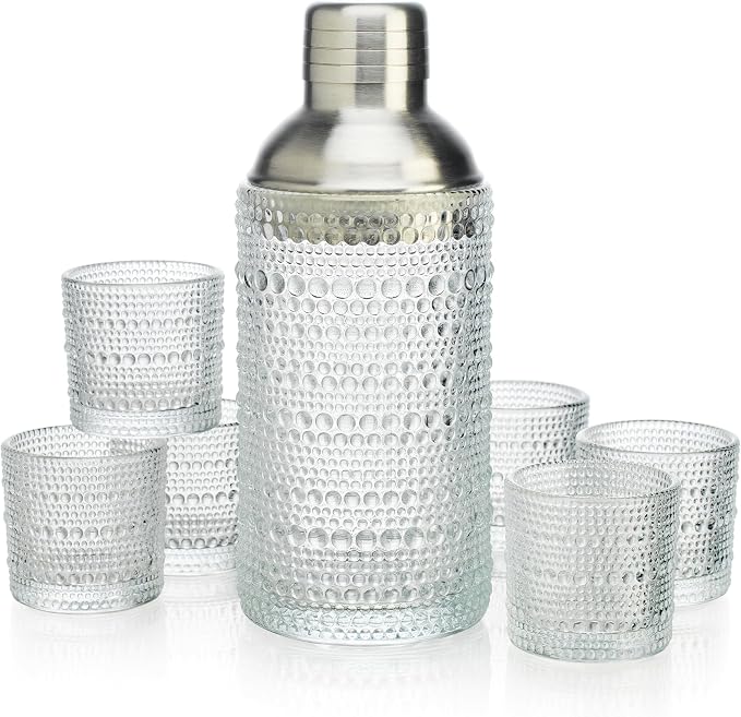 Glaver's Cocktail Shaker Set, Glass 15.2 oz Shaker, 6 Hobnail Shot Glasses - Image 6