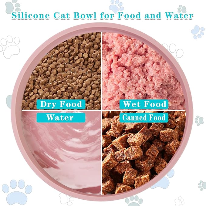 Silicone Dog Bowl Shallow Cat Food Bowls, 6 Inch Wide Cat Bowls Whisker Friendly, No Spill Less Mess Dog Plates for Dry and Wet Food, Set of 2 Puppy Bowls for Small Dogs and Cats