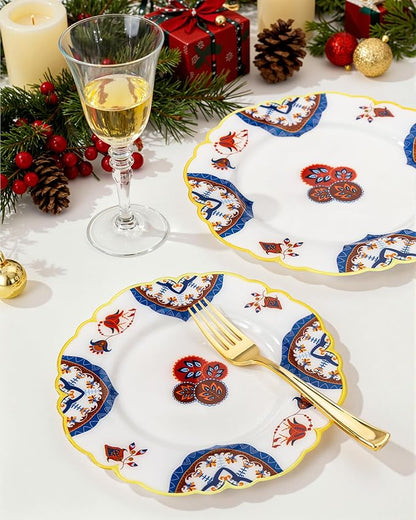 Morejoy 60pcs Plastic Disposable Plates Set - White Plastic Plates Featuring Classic Blue and Russet Floral Design With Gradient Gold Rim, 10.25 Dinner & 7.5 Dessert Plates for Wedding & Party