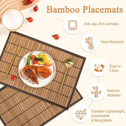 Bamboo Placemats with Fabric Border Set of 4 Natural Bamboo Rectangular Rolling Table Mats for Dining Kitchen Table Heat Resistant Table Protection Brown