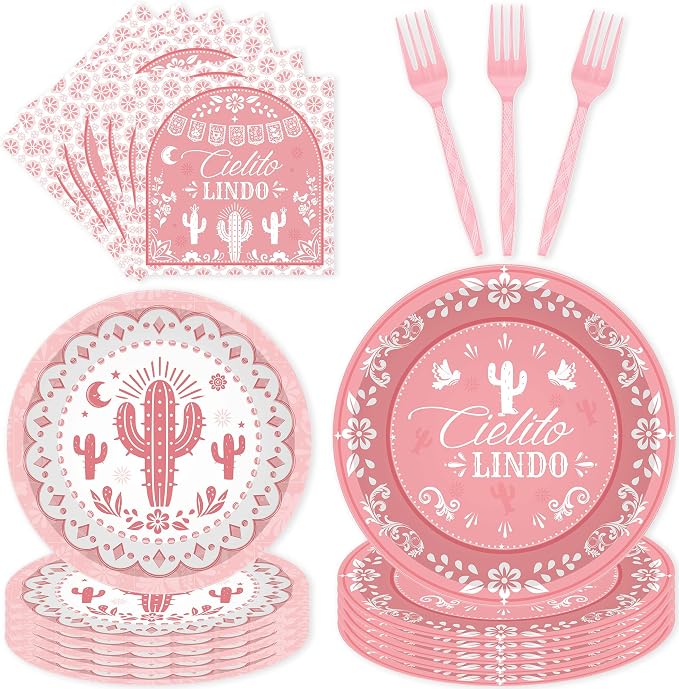96 Pcs Pink Cielito Lindo Party Decorations, napkins and forks, Mexican fiesta by EoBeCy