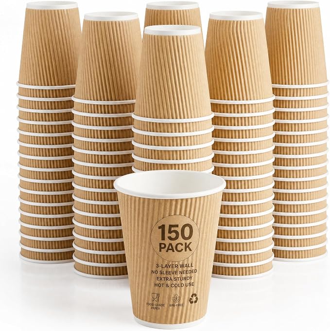 NYHI 150 10 oz Ripple Kraft Paper Cups Brown Hot Cold Cups 3 Layer Rippled by NYHI