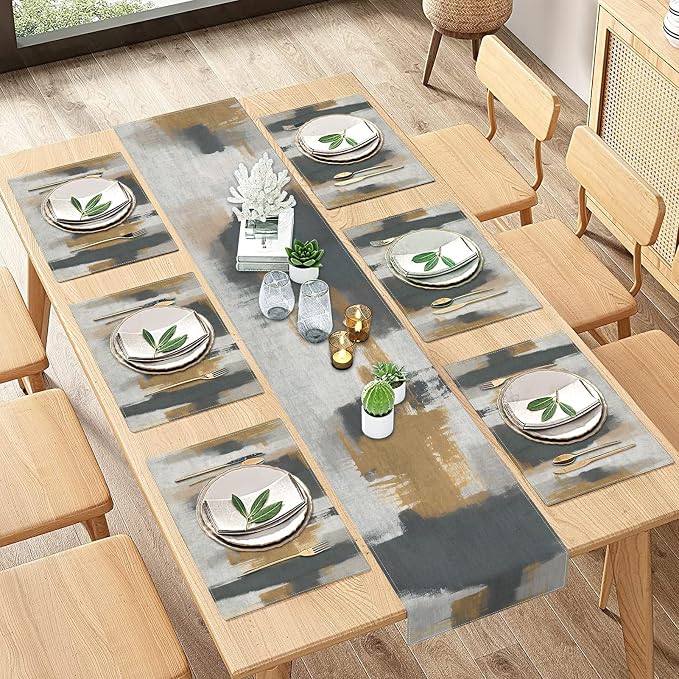 Emvency Table Runner and Placemats Set of 6, Abstract Vintage Gray | Brown Art - Image 6