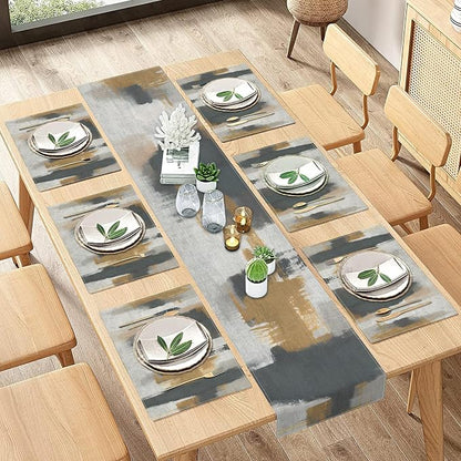 Emvency Table Runner and Placemats Set of 6, Abstract Vintage Gray | Brown Art - Image 6