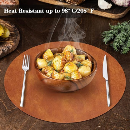 Round Placemats and Coasters Set of 8, Washable Reversible Faux Leather Placemats Cowhide Pattern Place Mats Wipeable Non-Slip 15 inch Round Kitchen Dining Table Mats (Gray Brown, 8)