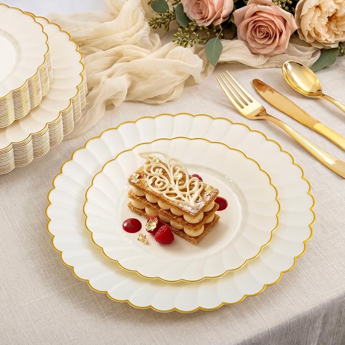 YOUBET 175PCS Ivory Scalloped Plastic Plates - Image 4