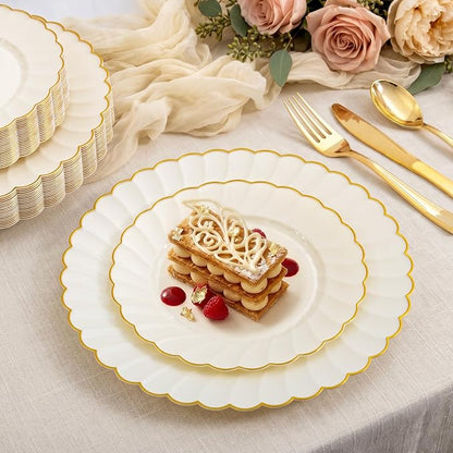 YOUBET 175PCS Ivory Scalloped Plastic Plates - Image 4