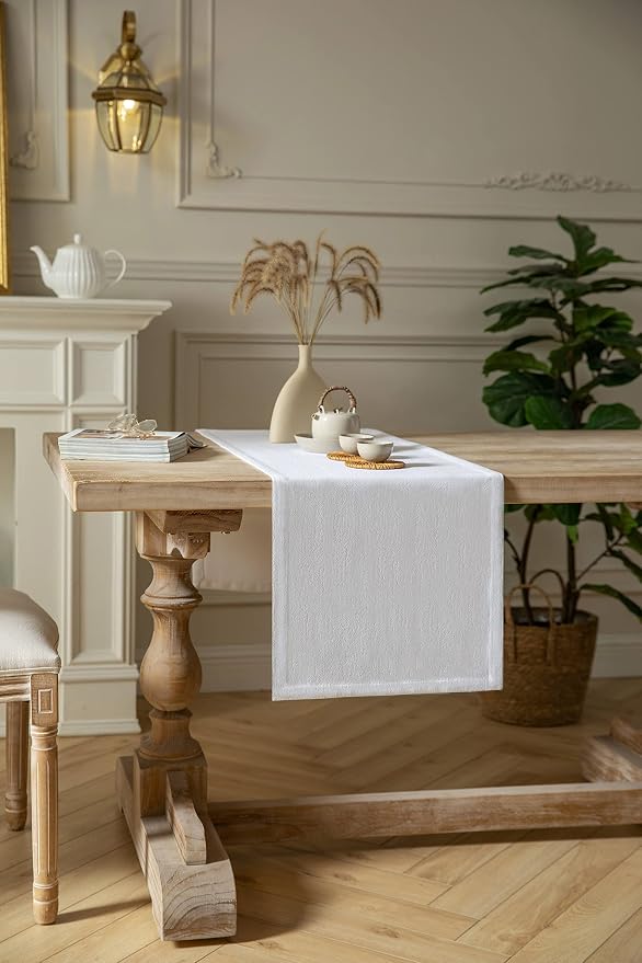 Burlap Style Farmhouse Table Runner, 14x36 Inches White | Thick Durable Fabric - Image 3