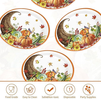 Grencian 50Pcs Thanksgiving Oval Paper Plates Thanksgiving Harvest Plates 10" X 12" Large Disposable Fall Pumpkin Cornucopia Platter Rustic Farmhouse Tableware for Autumn Harvest Party Decorations