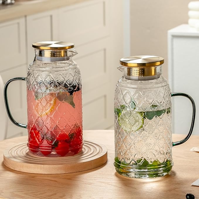Glass Pitcher with Lid, 2 PACK 84 oz/2.5L Liter Vintage Water Pitcher, Clear Borosilicate Glass Water Carafe for Cold Brew, Coffee, Lemonade, Iced Tea,Beverage, Heat Resistant